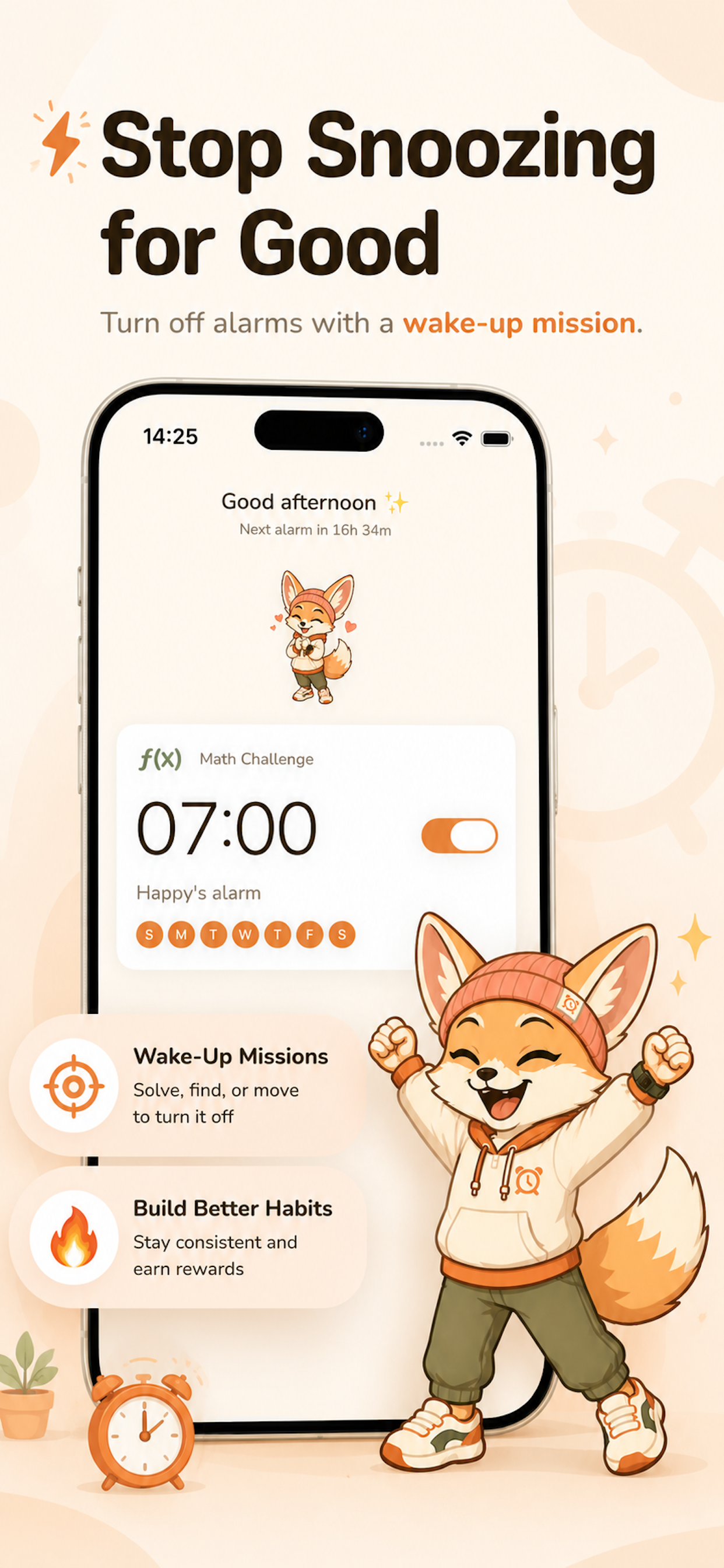 Ryli home screen — a wake-up mission set to turn off the morning alarm
